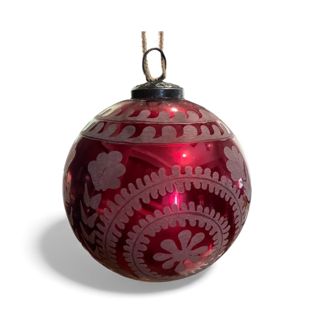 Pottery Barn Etched Large Mercury Glass Ornament, Red, 6" NEW
